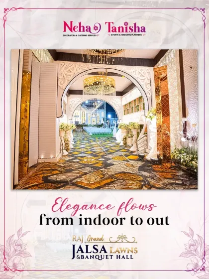 Experience how elegance flows from indoor to out. This photo shows the seamless transition from our ornate indoor arches to the expansive outdoor lawn, creating a cohesive and luxurious event space.