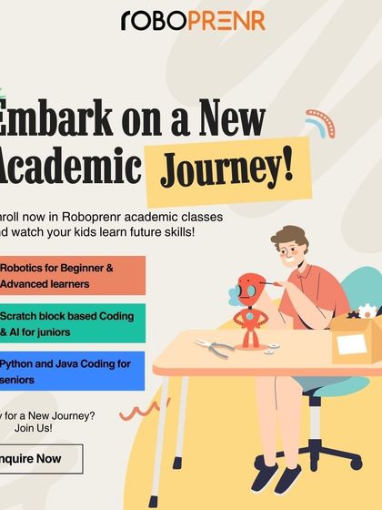 Embark on a new academic journey with us. This graphic outlines our course offerings, including robotics for beginners, Scratch and AI for juniors, and Python and Java for seniors.