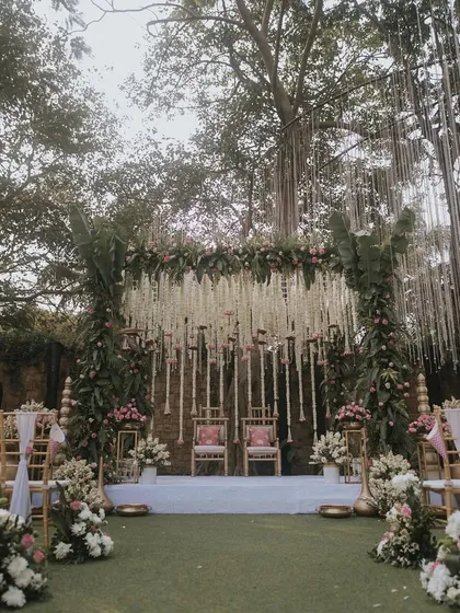 A classic and traditional wedding mandap setup. We used strings of rajnigandha and delicate floral arrangements to create a space that is both sacred and beautiful.