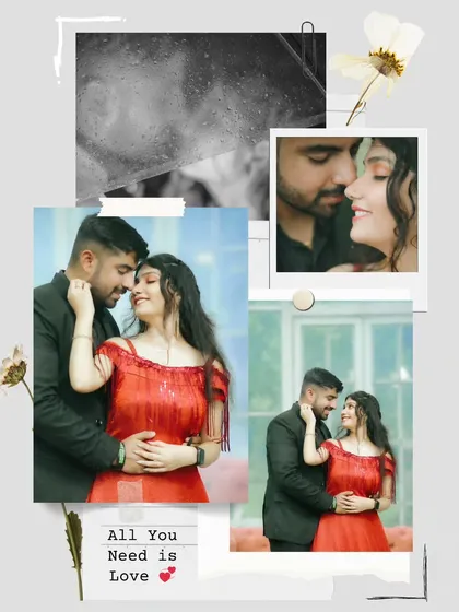 A scrapbook-style collage that tells the story of a fun and romantic pre-wedding shoot. It combines close-ups and wider shots to create a beautiful visual diary.