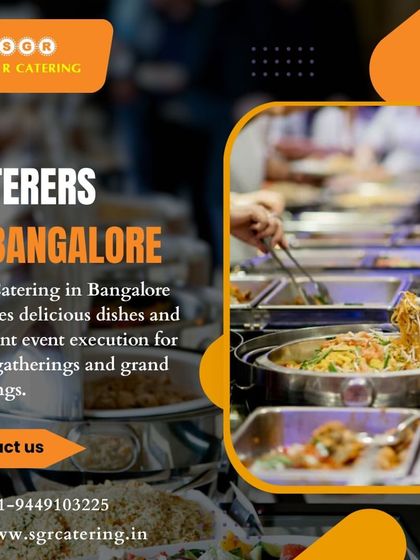 As caterers in Bangalore, we provide delicious dishes and excellent execution for small gatherings and grand weddings. This image shows a bustling buffet line, ready to serve guests.