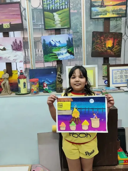 A festive Holika Dahan scene painted by one of my younger students, capturing the bonfire and colours of the celebration.