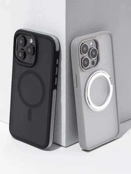 A minimalist and monochromatic shot of iPhone cases. We used simple geometric arrangements and clean lines to create a modern, architectural feel that highlights the product's sleek design.