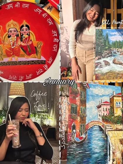 January's art dump, featuring a Ram-Sita painting, an oil landscape, a spatula painting, and of course, some coffee love.