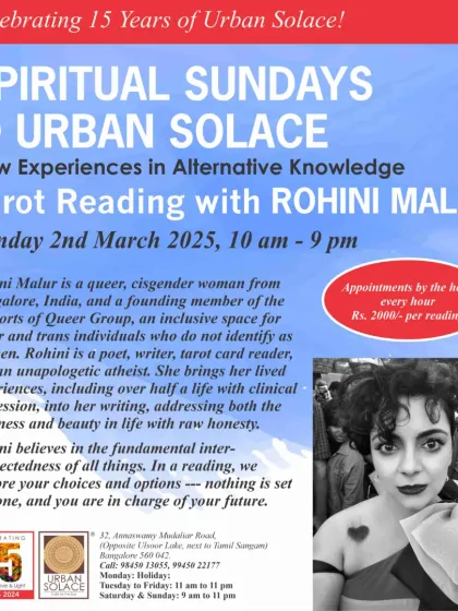 A poster for our 'Spiritual Sundays' event, featuring tarot readings with Rohini Malur. We offer these sessions to provide a space for introspection and alternative knowledge.