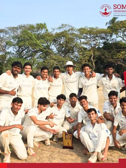 The K. J. Somaiya Polytechnic Cricket Team celebrates retaining their championship crown at the IEDSSA Zonal Cricket Competition.