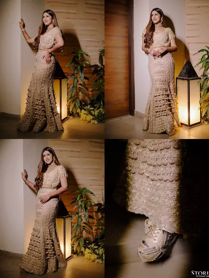 A collage of the bride, Simran, in her unique textured gown, even showing off her stylish sneakers underneath. It captures her modern and fun personality.