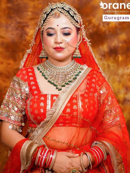 This image shows the full composition of a Rajasthani bride. I teach students how to balance heavy jewelry and bright colors with makeup that enhances, rather than overwhelms, the bride's features.