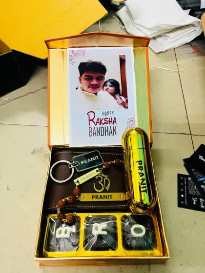 A beautiful Rakhi hamper for a brother, featuring a personalized wallet, a custom name perfume, "BRO" chocolates, and a Rakhi card with a personal photo.