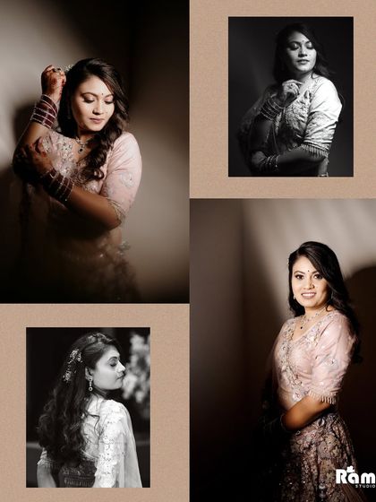 An artistic collage of the bride's portraits, mixing color and black and white images to create a timeless and elegant tribute.