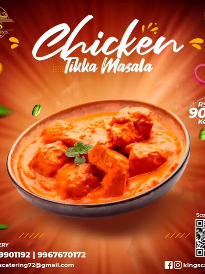 A bowl of my delicious Chicken Tikka Masala, available for ₹900 per kg. It's the perfect side dish for any of my biryanis or to be enjoyed with a soft naan.