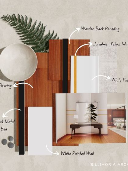 An annotated mood board detailing a bedroom design with wooden back paneling, Jaisalmer yellow inlay, and a brushed black metal frame bed. This level of detail ensures precision in execution.
