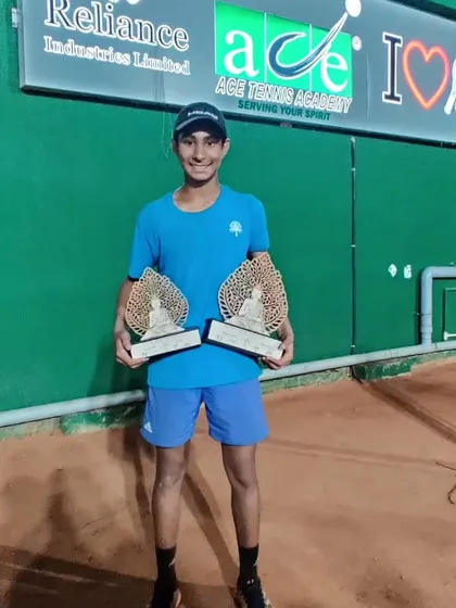 Tavish Pahwa with his singles and doubles trophies from the Asian Under 14 tournament in Ahmedabad. Winning on the Asian circuit is a key step towards the global stage.