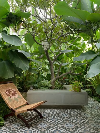 A secluded reading nook nestled in a pocket of the garden. This space features patterned flooring and is surrounded by large-leafed plants, creating a private, tropical escape within the residential property.