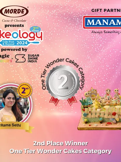 I am so proud to be an award-winning baker. This is the official announcement of my 2nd place win in the "One Tier Wonder Cakes" category at the prestigious Cakeology 2024 competition in Bengaluru.