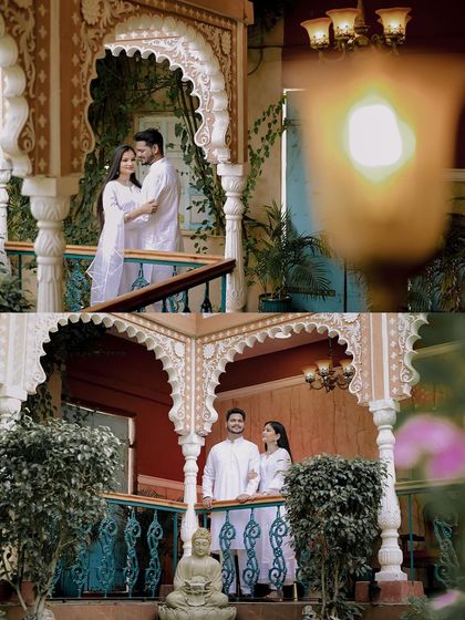 Another perspective from the same heritage pre-wedding shoot, showing the beautiful arches and greenery. I always try to use the location's architecture to frame my couples perfectly.