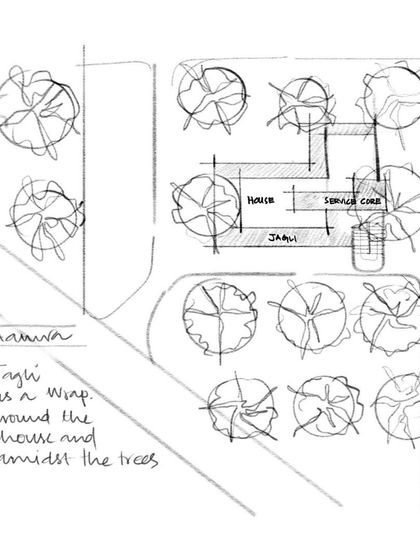 An early concept sketch showing the 'Jagli' as a wrap around the house, weaving through the existing trees. This drawing reveals the initial thought process of placing the architecture in service to the landscape.