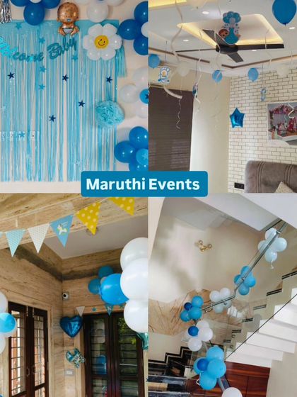A collage showing various 'Welcome Baby' decorations in blue, from a shimmer curtain backdrop to balloon arrangements on the stairs and ceiling.
