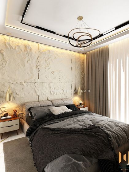 A modern luxury master bedroom at Sobha Royal Pavilion, featuring a trendy rock panel headboard wall and a sophisticated monochromatic theme.