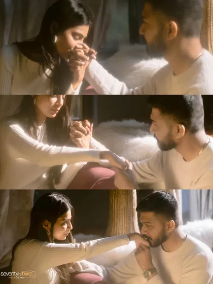 A series of gentle gestures. A kiss to the hand, a shared glance. This collage captures the small, tender interactions that build a love story, framed by beautiful, soft lighting.