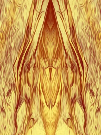 'Think right'. A symmetrical digital artwork derived from natural textures. The piece explores themes of nature and feminine energy through its abstract, Rorschach-like form.