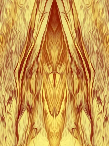 'Think right'. A symmetrical digital artwork derived from natural textures. The piece explores themes of nature and feminine energy through its abstract, Rorschach-like form.
