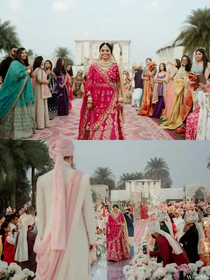 A two-part image showing the bride's emotional walk down the aisle towards the waiting groom. This captures the anticipation and significance of the bridal entry from both perspectives.