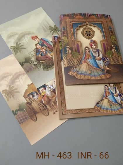 This vertical invitation features a beautiful illustration of a royal couple, with inserts showing scenes of a horse-drawn carriage. The design blends storytelling with functional details for your wedding events.