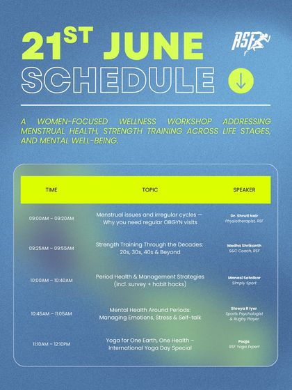 A detailed breakdown of our women-focused wellness workshop schedule. We bring together physiotherapists, S&C coaches, sports psychologists, and yoga experts to provide a comprehensive experience.
