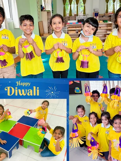Our students proudly display the paper lanterns they crafted for Diwali, the festival of lights. We wish everyone a very Happy Diwali.