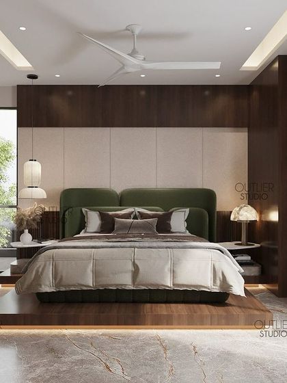 This bedroom design is an exercise in serene simplicity. I used a raised wooden platform for the bed to create a distinct sleeping zone, while floor-to-ceiling glass doors open onto a private garden, enhancing the tranquil feel.