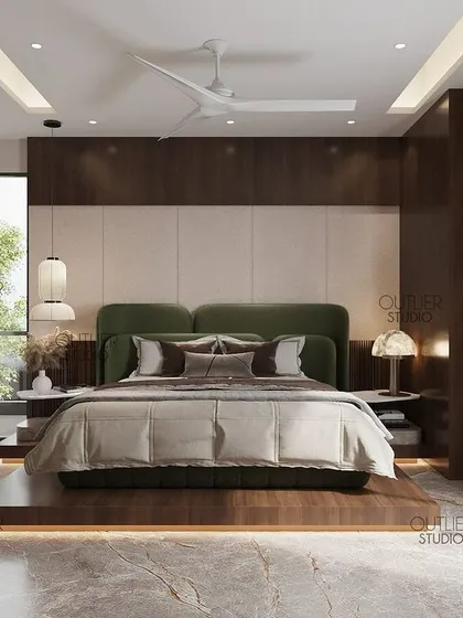 Simplicity in serenity. This bedroom design features a raised platform bed with integrated lighting, a simple yet elegant headboard, and floor-to-ceiling windows that flood the space with natural light.