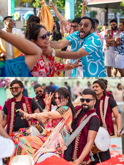 The wild and fun moments of a wedding carnival, with guests dancing with dhol players and enjoying the party.