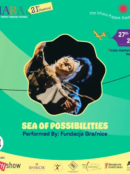The poster for 'Sea of Possibilities' from Poland's Fundacja Gra/nice. The artwork features the show's beautiful and ethereal main puppet, hinting at the magical and uplifting story within.