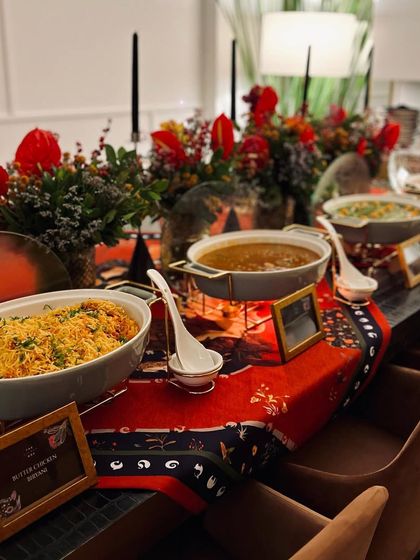 A buffet table from a Diwali celebration we catered for designers Shivan & Narresh, featuring their signature prints and our modern Indian cuisine.