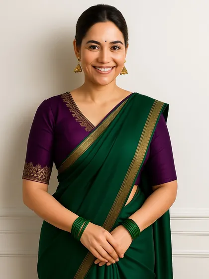 Here are the individual looks from my "One Blouse, Four Sarees" series. This single purple blouse with delicate embroidery pairs beautifully with orange, yellow, pink, and green sarees, proving how a versatile blouse is a smart investment for your wardrobe.