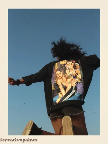 Here’s a custom black denim jacket I painted for a tattoo artist. The design is a full-back portrait that captures their unique style, complete with detailed illustrations of their own tattoos. It's a great example of how I can turn a personal story into wearable art.