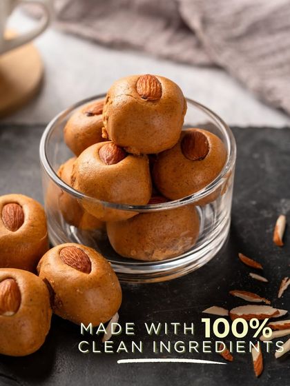 Snacking, the clean way. My almond laddoos are made with 100% clean ingredients, with an almond placed perfectly on top of each one.