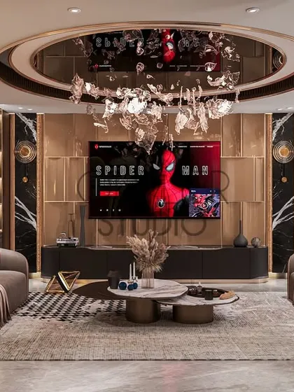 A frontal view of the living room's media wall, where a curved glass ceiling and bespoke shelving flank the entertainment center. The design balances opulence and warmth for a space that is both indulgent and functional.