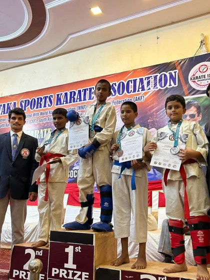 The results of hard work. Our young karatekas stand proudly on the winners' podium after securing medals at the Sub Junior State Level Championship.