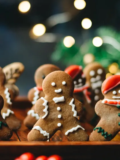 It's beginning to look a lot like Christmas. These cute gingerbread men cookies are arranged to look like a happy little army, with festive lights creating a warm bokeh background.
