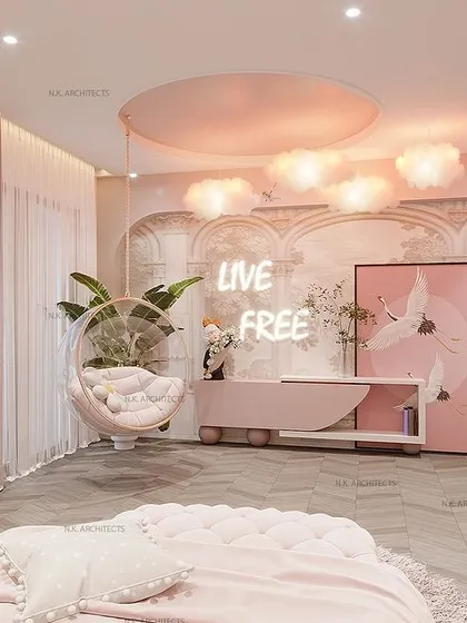 Fall in love with the pink shades of this stunning girl's bedroom. The design features a princess-style canopy bed, a hanging swing chair, and soft, cloud-like lighting to create a dreamy sanctuary.