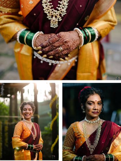 A collage showing the details of a bride in a traditional Nauvari saree, including her intricate henna, jewellery, and expressive portraits.