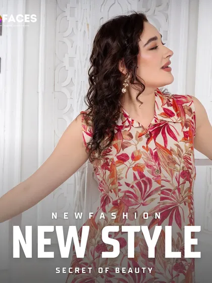 A model in a vibrant floral top, captured in a moment of joy. The "New Style" graphic overlay shows how we can prepare images for specific ad campaigns or social media posts.
