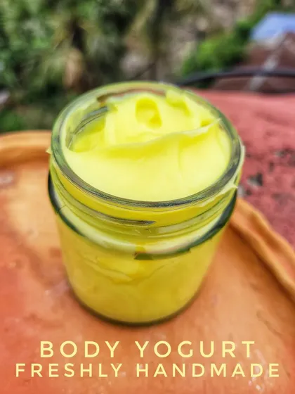 A close-up of the Fresh Lime Body Yogurt. You can see how creamy and smooth it is. It's packed with benefits like tan removal and a refreshing fragrance.