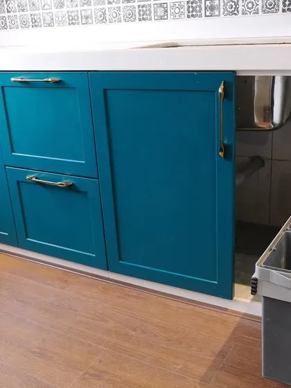 Functionality is integrated beautifully. This shot shows the classic shaker-style cabinet doors alongside a convenient pull-out double waste bin for easy segregation.