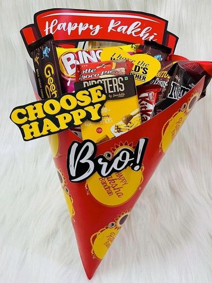 A closer look at our 'Bro!' snack cone, packed with chips, chocolates, and other munchies. A fun and casual gift for your brother.