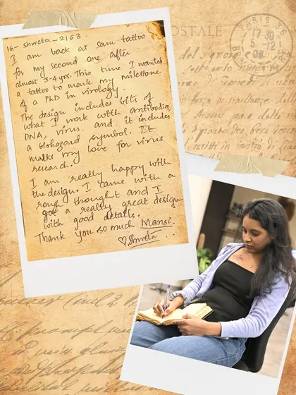Shweta's handwritten note explaining the elements of her virology-themed tattoo, a beautiful symbol of her love for virus research.