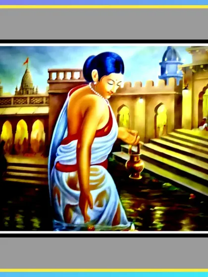 A traditional painting of a woman at a ghat, showcasing a more classical Indian art style that I am also skilled in.