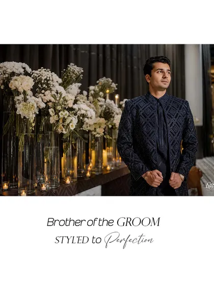 The brother of the groom, styled to perfection in a deep blue textured bandhgala by Manish Malhotra. This look is modern, sharp, and perfectly suited for a glamorous evening celebration, demonstrating our focus on styling every member of the family with care.